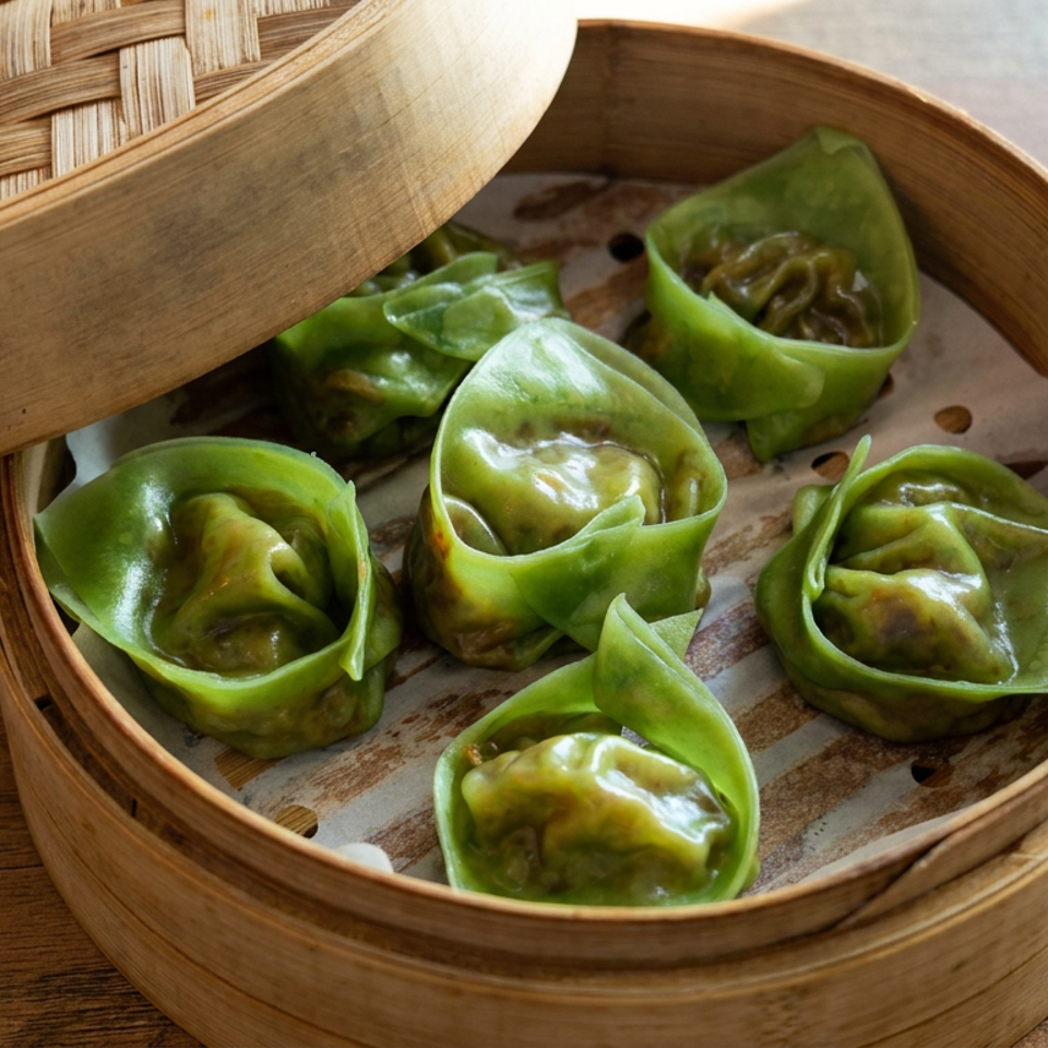Steamed bamboo basket holding six green dumplings on a wooden table, with its woven lid partially open.