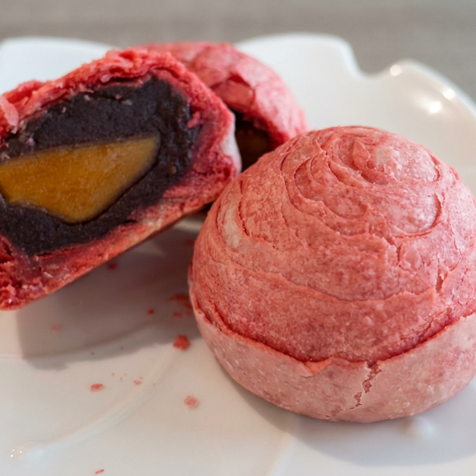 Pink pastry on a white plate, one half revealing dark filling surrounding a golden fruit center.