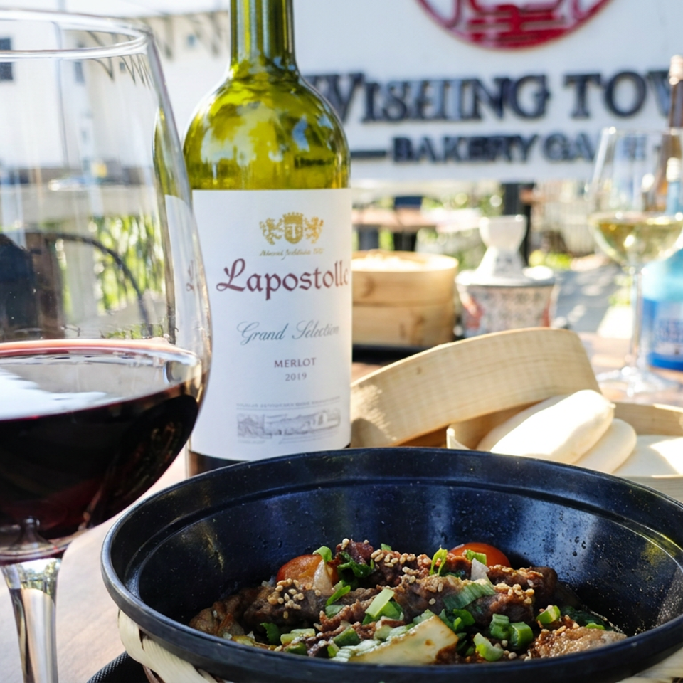 Outdoor restaurant table with red wine, Lapostolle Merlot bottle, plated dish, and Washington winery sign in the background.