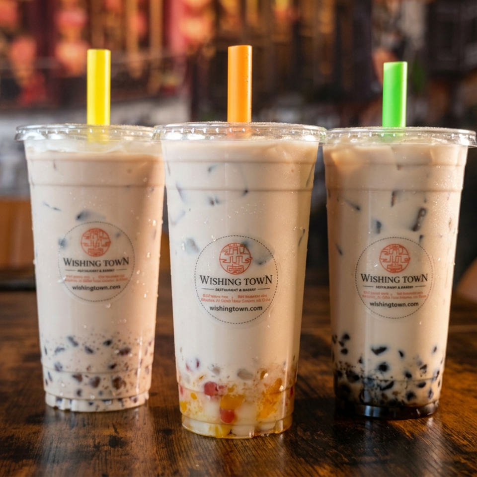Three iced bubble teas with colorful straws sit on a wooden restaurant table, with tapioca pearls and fruit toppings visible.