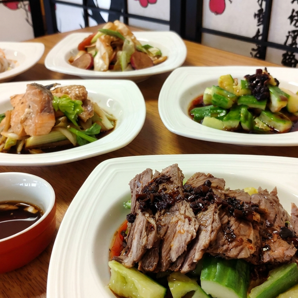 Assorted Chinese dishes, including sliced beef, stir-fried vegetables, noodles, and dipping sauces, arranged on a wooden restaurant table.