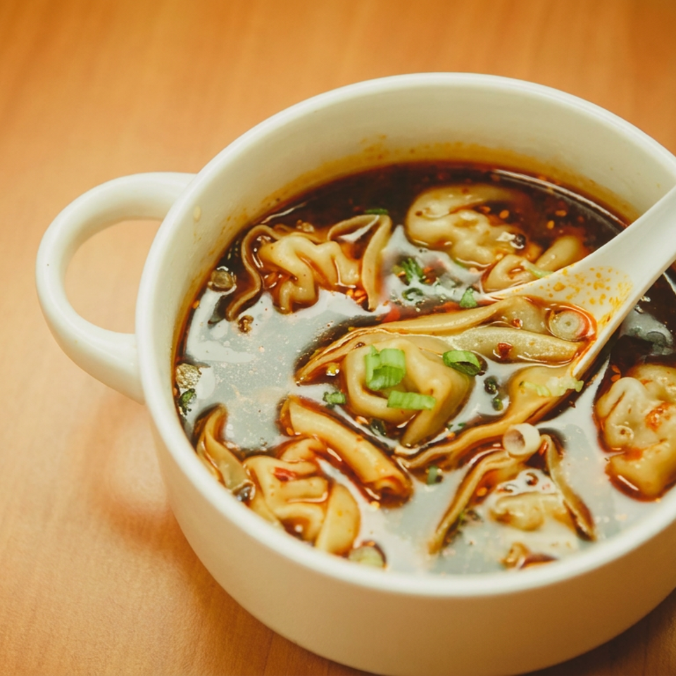 White bowl of dumpling soup with scallions and a spoon on a wooden table.
