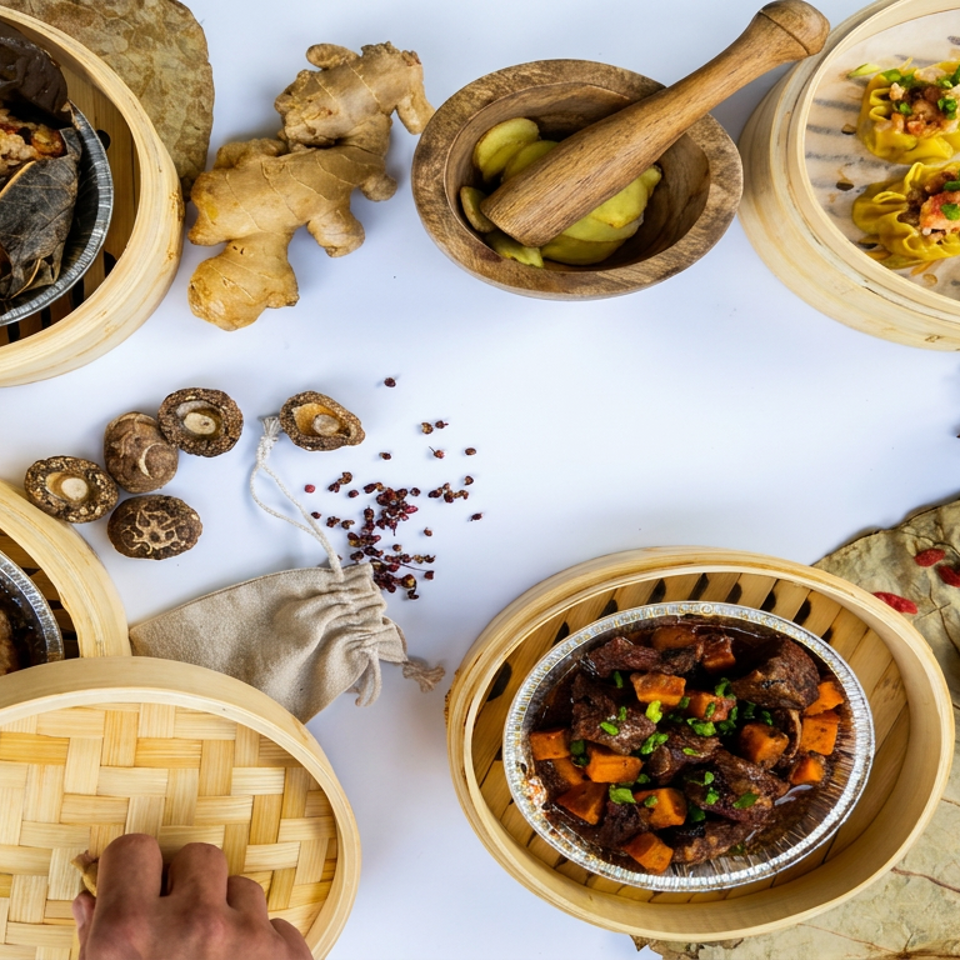 Overhead spread of Chinese dishes in bamboo steamers, including dumplings, savory meats, mushrooms, ginger, spices, and tea.