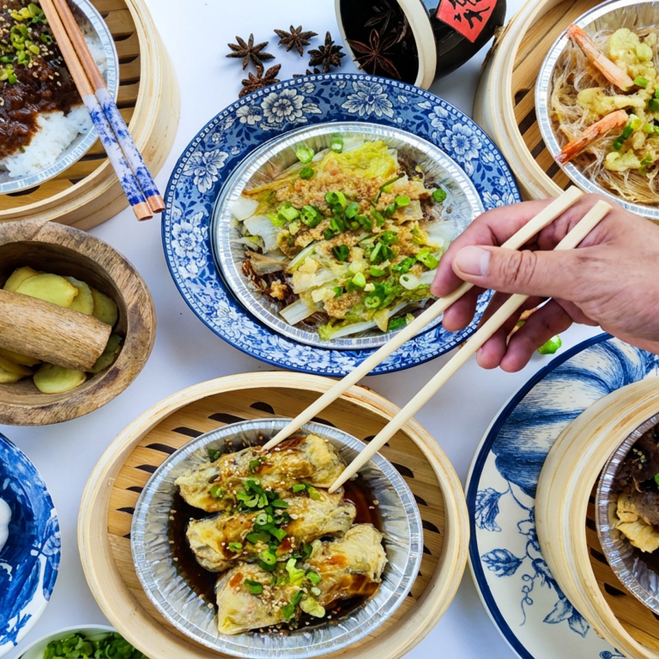 Overhead view of Asian dishes in bamboo steamers, chopsticks lifting food, and assorted herbs, spices, and ingredients.