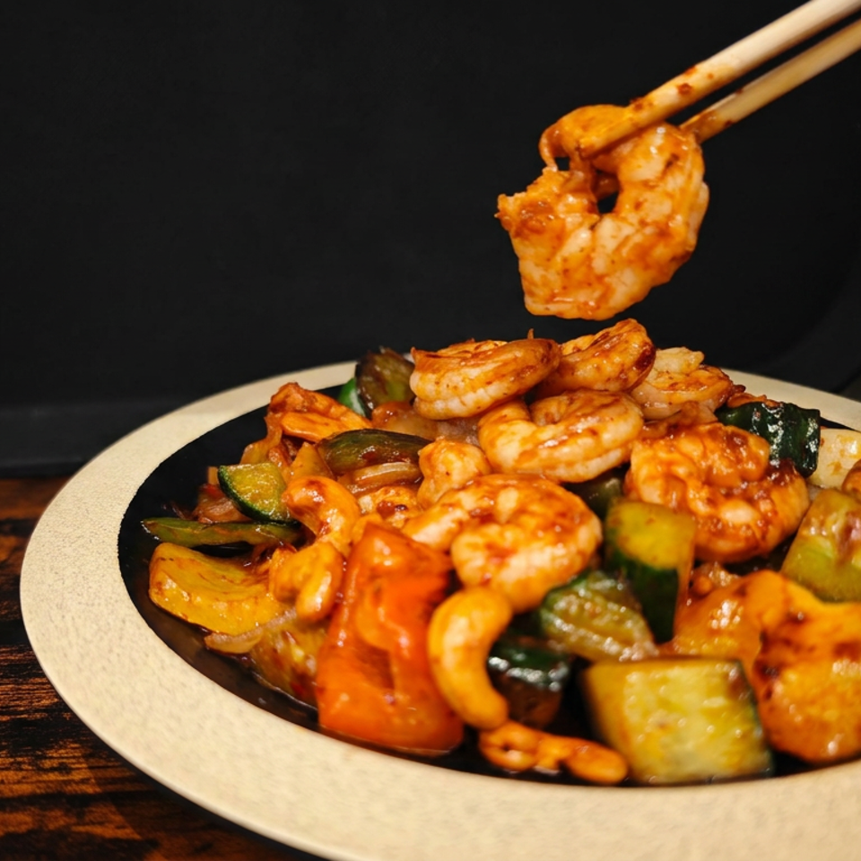 Chopsticks lift a saucy shrimp above a plate of shrimp and mixed vegetables on a wooden table.