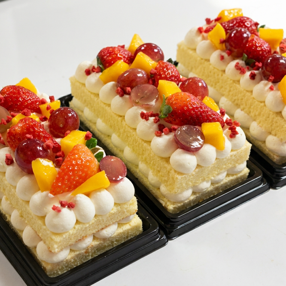 Three rectangular sponge cakes layered with cream and topped with strawberries, grapes, mango, and raspberry crumbles.