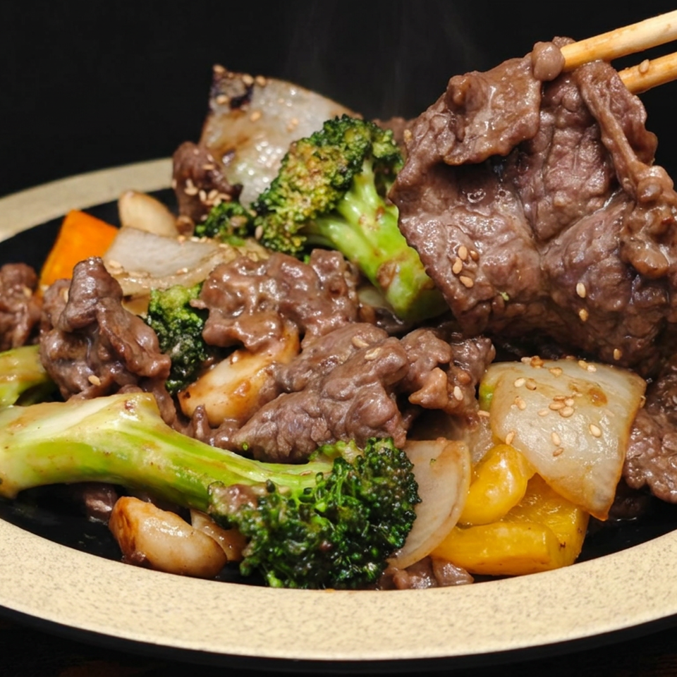 Chopsticks lift sesame-coated beef stir-fry with broccoli, onions, peppers, and mushrooms from a black plate.